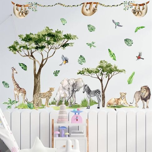Safari Animal Window Wall Stickers 3D Jungle Animal Wall Decor Stickers Fake Window View Wall Decals Removable Wild Animal Landscape Faux Window Wall Mural for Bedroom Living Room Decoration in Saudi Arabia