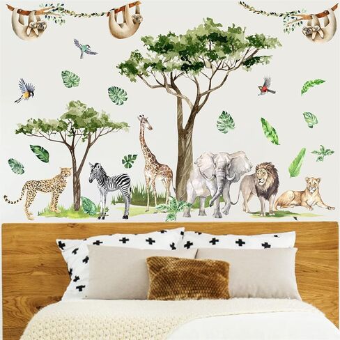 Safari Animal Window Wall Stickers 3D Jungle Animal Wall Decor Stickers Fake Window View Wall Decals Removable Wild Animal Landscape Faux Window Wall Mural for Bedroom Living Room Decoration in Saudi Arabia