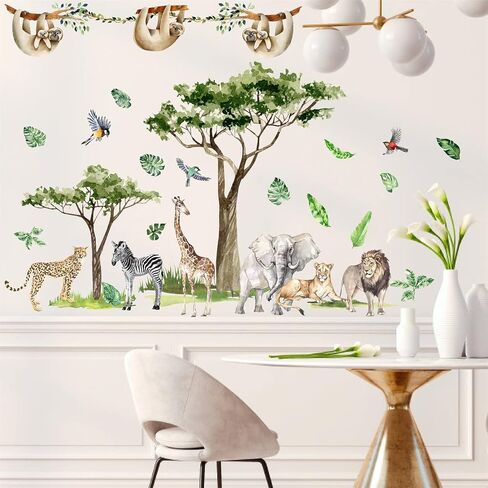 Safari Animal Window Wall Stickers 3D Jungle Animal Wall Decor Stickers Fake Window View Wall Decals Removable Wild Animal Landscape Faux Window Wall Mural for Bedroom Living Room Decoration in Saudi Arabia