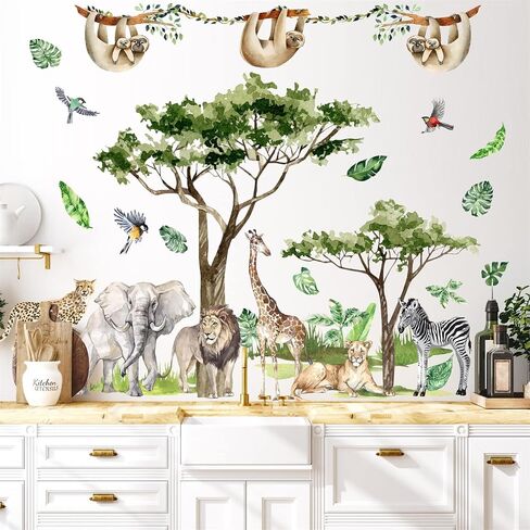 Safari Animal Window Wall Stickers 3D Jungle Animal Wall Decor Stickers Fake Window View Wall Decals Removable Wild Animal Landscape Faux Window Wall Mural for Bedroom Living Room Decoration in Saudi Arabia