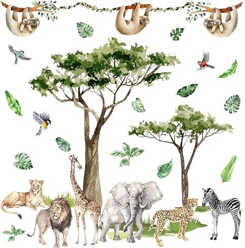 Safari Animal Window Wall Stickers 3D Jungle Animal Wall Decor Stickers Fake Window View Wall Decals Removable Wild Animal Landscape Faux Window Wall Mural for Bedroom Living Room Decoration in Saudi Arabia