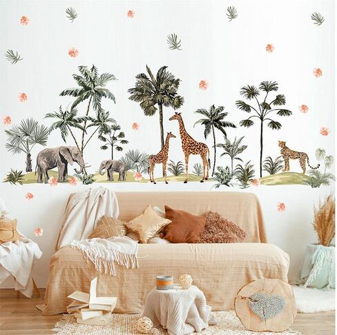 Safari Animal Window Wall Stickers 3D Jungle Animal Wall Decor Stickers Fake Window View Wall Decals Removable Wild Animal Landscape Faux Window Wall Mural for Bedroom Living Room Decoration in Saudi Arabia