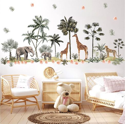 Safari Animal Window Wall Stickers 3D Jungle Animal Wall Decor Stickers Fake Window View Wall Decals Removable Wild Animal Landscape Faux Window Wall Mural for Bedroom Living Room Decoration in Saudi Arabia