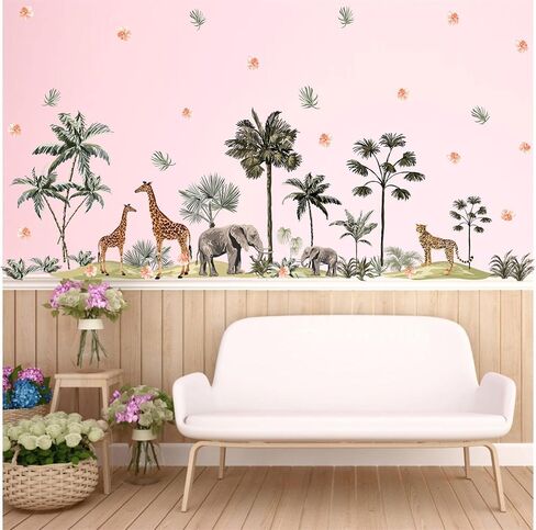 Safari Animal Window Wall Stickers 3D Jungle Animal Wall Decor Stickers Fake Window View Wall Decals Removable Wild Animal Landscape Faux Window Wall Mural for Bedroom Living Room Decoration in Saudi Arabia