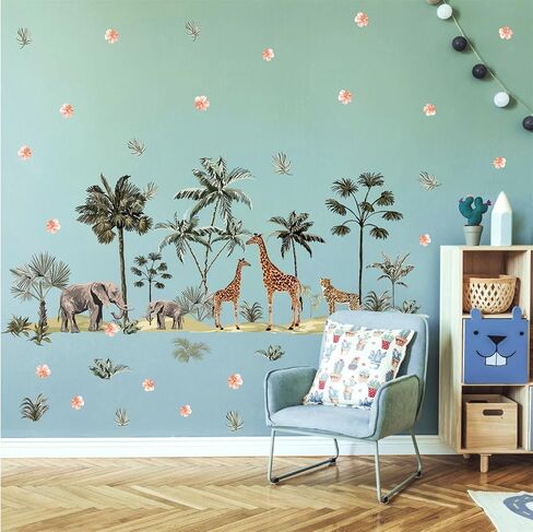 Safari Animal Window Wall Stickers 3D Jungle Animal Wall Decor Stickers Fake Window View Wall Decals Removable Wild Animal Landscape Faux Window Wall Mural for Bedroom Living Room Decoration in Saudi Arabia