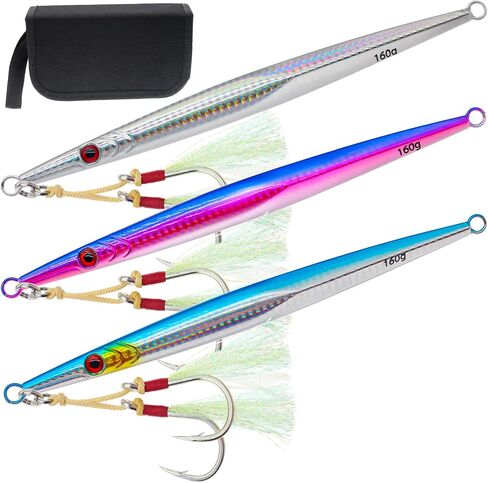 Gefischtter 3pcs Saltwater Vertical Fishing Jigs Metal Jigging Spoon Speed Fast Deep Sea Jigging Fishing Lures Luminous Lead Jigs with Assist Hooks for Tuna,Bass,Dogtooth,Grouper/4.58oz/5.29oz/5.64oz in Saudi Arabia