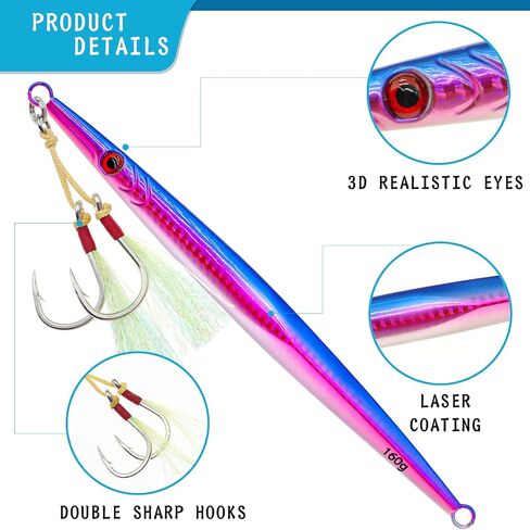 Gefischtter 3pcs Saltwater Vertical Fishing Jigs Metal Jigging Spoon Speed Fast Deep Sea Jigging Fishing Lures Luminous Lead Jigs with Assist Hooks for Tuna,Bass,Dogtooth,Grouper/4.58oz/5.29oz/5.64oz in Saudi Arabia