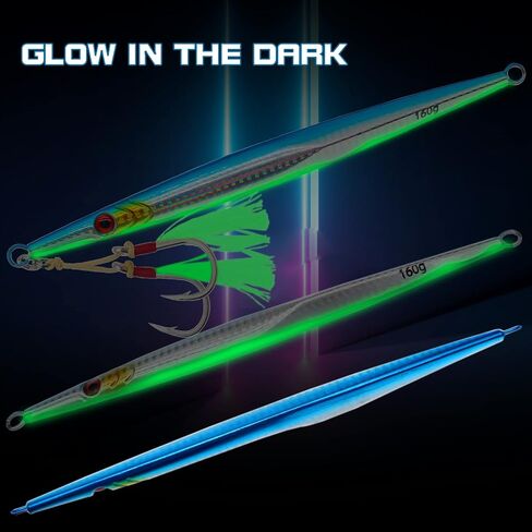Gefischtter 3pcs Saltwater Vertical Fishing Jigs Metal Jigging Spoon Speed Fast Deep Sea Jigging Fishing Lures Luminous Lead Jigs with Assist Hooks for Tuna,Bass,Dogtooth,Grouper/4.58oz/5.29oz/5.64oz in Saudi Arabia