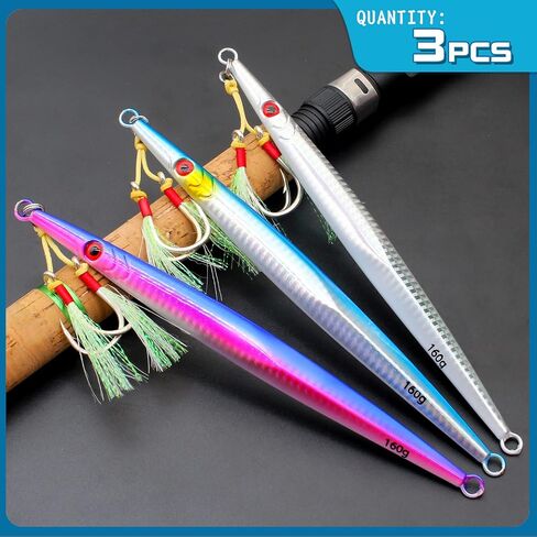 Gefischtter 3pcs Saltwater Vertical Fishing Jigs Metal Jigging Spoon Speed Fast Deep Sea Jigging Fishing Lures Luminous Lead Jigs with Assist Hooks for Tuna,Bass,Dogtooth,Grouper/4.58oz/5.29oz/5.64oz in Saudi Arabia