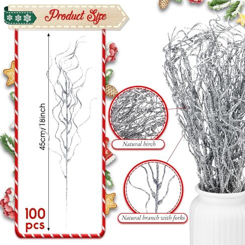Xinnun Christmas Glitter Branches Vase Filler Decor Curly Ting Ting Branches Artificial Sticks Twigs for Christmas Tree DIY Crafts Vases Home Decoration, 18 Inch(Silver, 100 Pcs) in Saudi Arabia