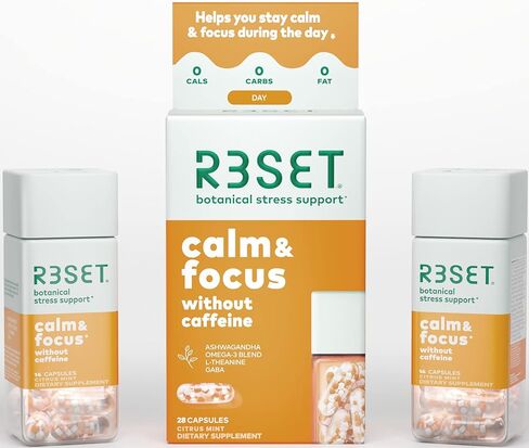R3SET مكمل يومي هادئ لتخفيف التوتر أثناء النهار والتركيز، ودعم الاسترخاء - مع أشواغاندا، إل-ثيانين، جذر فاليريان، 5-HTP، غابا، فيتامين د3، 28 كبسولة نباتية in Kuwait