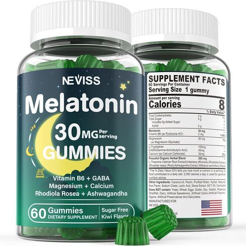 مضغ الميلاتونين بقوة إضافية 30 ملغ للبالغين، خالي من السكر مع جليسينات المغنيسيوم، فيتامين ب 6، إل تريبتوفان، جذر فاليريان، أشواغاندا من أجل Zzz العميق، دورة الراحة الصحية، الاسترخاء، نكهة الكيوي 60 قطعة in Kuwait
