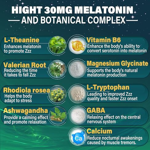 مضغ الميلاتونين بقوة إضافية 30 ملغ للبالغين، خالي من السكر مع جليسينات المغنيسيوم، فيتامين ب 6، إل تريبتوفان، جذر فاليريان، أشواغاندا من أجل Zzz العميق، دورة الراحة الصحية، الاسترخاء، نكهة الكيوي 60 قطعة in Kuwait