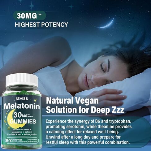 مضغ الميلاتونين بقوة إضافية 30 ملغ للبالغين، خالي من السكر مع جليسينات المغنيسيوم، فيتامين ب 6، إل تريبتوفان، جذر فاليريان، أشواغاندا من أجل Zzz العميق، دورة الراحة الصحية، الاسترخاء، نكهة الكيوي 60 قطعة in Kuwait