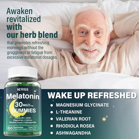 مضغ الميلاتونين بقوة إضافية 30 ملغ للبالغين، خالي من السكر مع جليسينات المغنيسيوم، فيتامين ب 6، إل تريبتوفان، جذر فاليريان، أشواغاندا من أجل Zzz العميق، دورة الراحة الصحية، الاسترخاء، نكهة الكيوي 60 قطعة in Kuwait