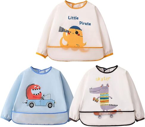 Jarafom 3PCS Long Sleeves Waterproof Baby Bibs Smock Apron Food Catcher Pocket Soft Machine Washable 6-24 Months in Saudi Arabia