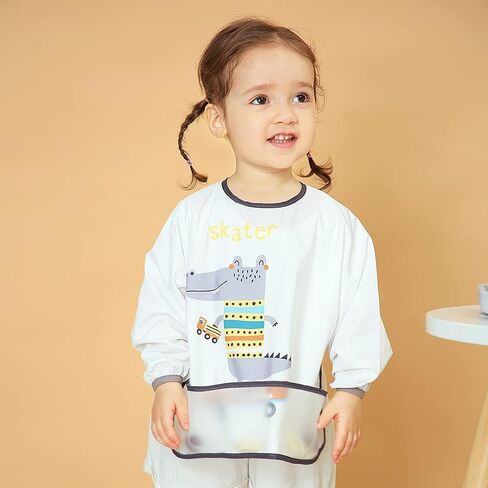 Jarafom 3PCS Long Sleeves Waterproof Baby Bibs Smock Apron Food Catcher Pocket Soft Machine Washable 6-24 Months in Saudi Arabia