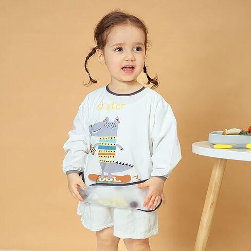 Jarafom 3PCS Long Sleeves Waterproof Baby Bibs Smock Apron Food Catcher Pocket Soft Machine Washable 6-24 Months in Saudi Arabia