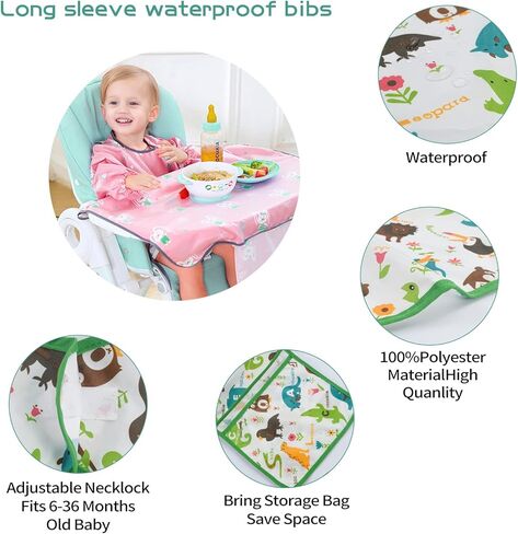 JUSONEY Coverall Baby Feeding Bibs,Long Sleeve Bib,Waterproof and Easy to Clean,Ideal for Baby Eating in Kuwait