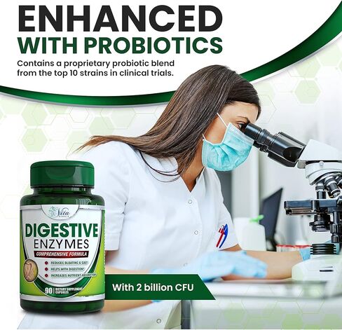الإنزيمات الهاضمة مع البروبيوتيك والبريبايوتكس - إنزيمات مكملة للهضم، إنزيم الليباز، إنزيم الأميليز لاكتاز بروتياز، إنزيمات فائقة للنساء والرجال تساعد في الدفاع عن الغازات وانتفاخ البطن وعدم الراحة in Kuwait