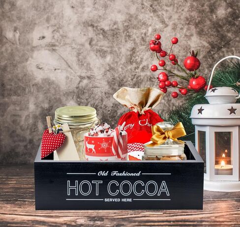 صندوق تخزين خشبي من Rmeosye Hot Cocoa Bar وديكورات عيد الميلاد وصناديق تنظيم خشبية وصينية ديكور مفتوحة وصندوق حامل ديكور لعيد الميلاد والمطبخ والمكتب والمزرعة هدية لوازم حفلات العطلات (أحمر) in Kuwait