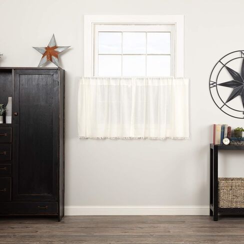 VHC Brands Tobacco Cloth Fringe Curtains Tier Set, L24xW36, Antique White in Saudi Arabia