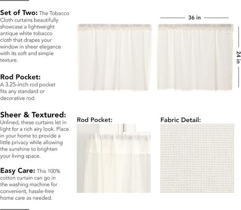 VHC Brands Tobacco Cloth Fringe Curtains Tier Set, L24xW36, Antique White in Saudi Arabia
