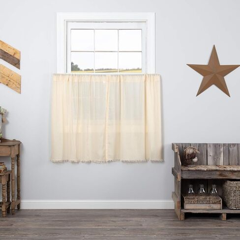 VHC Brands Tobacco Cloth Fringe Curtains Tier Set, L24xW36, Antique White in Saudi Arabia