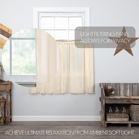 VHC Brands Tobacco Cloth Fringe Curtains Tier Set, L24xW36, Antique White in Saudi Arabia