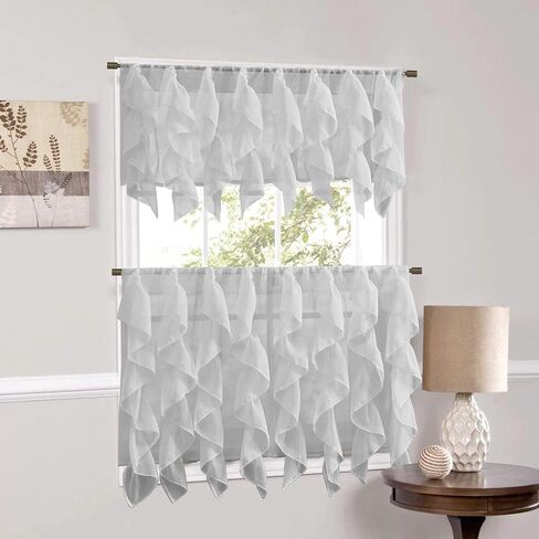 Sweet Home Collection Veritcal Ruffled Kitchen Curtain Sheer Cascading Ruffle Waterfall Window Treatment - Choice of Valance, 24" or 36" Tier, & Kit in Kuwait