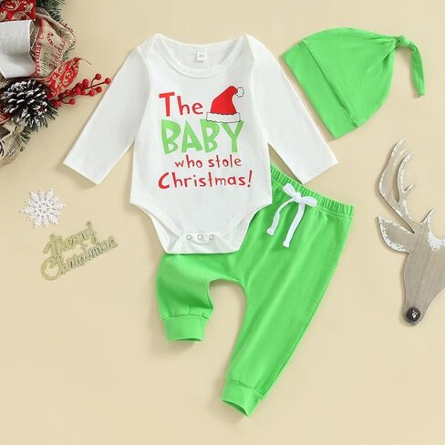 لاجويوج زي ماي فيرست كريسماس لحديثي الولادة للاولاد والبنات بتصميم عبارة Merry Christmas، طقم رومبير من قطعة واحدة وسروال للخريف والشتاء والكريسماس in Kuwait