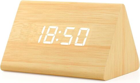 GEARONIC Digital Alarm Clock Wooden Alarm Clock Wood Modern Triangle Alarm Digital Desk Clock, Displays Time Date Temperature Calendar Wood Made Electric Clocks for Bedroom, Bedside - Black in Kuwait