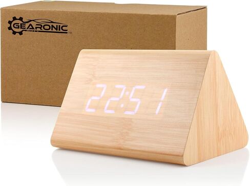 GEARONIC Digital Alarm Clock Wooden Alarm Clock Wood Modern Triangle Alarm Digital Desk Clock, Displays Time Date Temperature Calendar Wood Made Electric Clocks for Bedroom, Bedside - Black in Kuwait