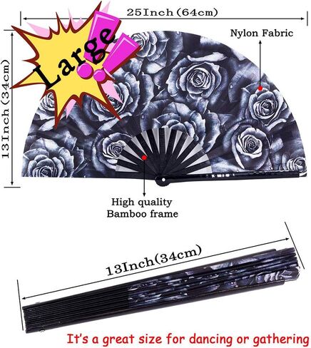مراوح Amajiji الكبيرة القابلة للطي يدويًا، مروحة قابلة للطي لمهرجان الخيزران مقاس 13 بوصة للنساء والرجال. مروحة صوت عالية للديكور في المهرجانات وهدية حفلات الرقص (الورد) in Kuwait