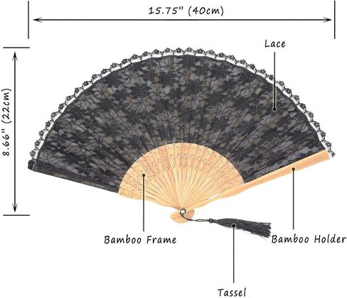 OMyTea® "Sexy Lace 8.66"(22cm) Women Hand Held Folding Fans with Bamboo Frame - with a Fabric Sleeve for Protection for Gifts - Chinese/Japanese Vintage Retro Style (Black) in Kuwait