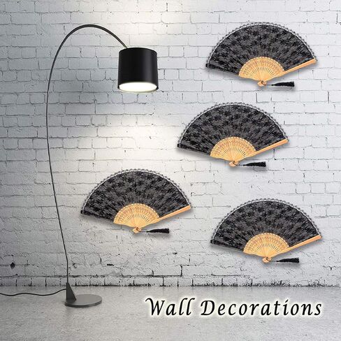 OMyTea® "Sexy Lace 8.66"(22cm) Women Hand Held Folding Fans with Bamboo Frame - with a Fabric Sleeve for Protection for Gifts - Chinese/Japanese Vintage Retro Style (Black) in Kuwait