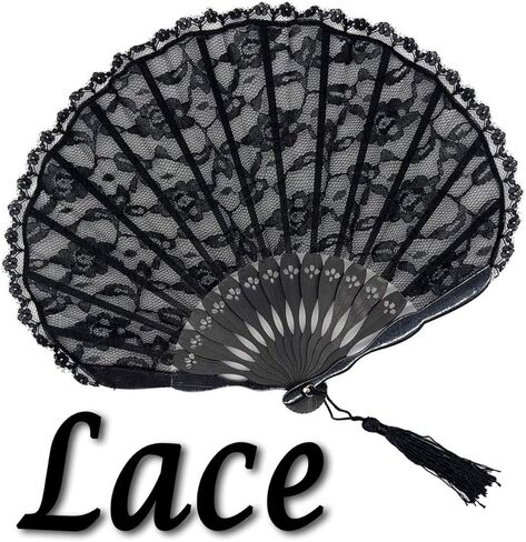 OMyTea® "Sexy Lace 8.66"(22cm) Women Hand Held Folding Fans with Bamboo Frame - with a Fabric Sleeve for Protection for Gifts - Chinese/Japanese Vintage Retro Style (Black) in Saudi Arabia