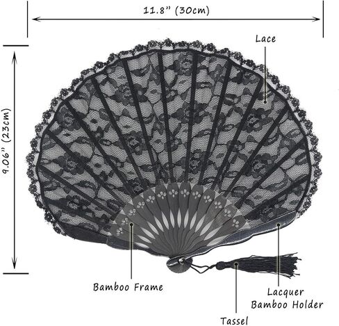 OMyTea® "Sexy Lace 8.66"(22cm) Women Hand Held Folding Fans with Bamboo Frame - with a Fabric Sleeve for Protection for Gifts - Chinese/Japanese Vintage Retro Style (Black) in Saudi Arabia