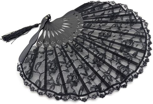OMyTea® "Sexy Lace 8.66"(22cm) Women Hand Held Folding Fans with Bamboo Frame - with a Fabric Sleeve for Protection for Gifts - Chinese/Japanese Vintage Retro Style (Black) in Saudi Arabia