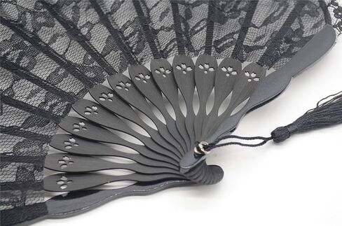 OMyTea® "Sexy Lace 8.66"(22cm) Women Hand Held Folding Fans with Bamboo Frame - with a Fabric Sleeve for Protection for Gifts - Chinese/Japanese Vintage Retro Style (Black) in Saudi Arabia