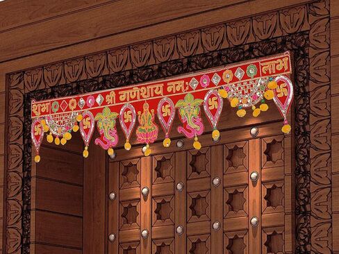 Diwali Special Laxmi Ganesh Toranam for Diwali Home Decoration Door Hanging Pooja Temple Bandhanwar Shub Labh Toran for Deepawali Velvet Embroidered Toran Multicolor (37 Inches x 5 Inches) in Kuwait