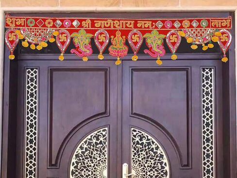 Diwali Special Laxmi Ganesh Toranam for Diwali Home Decoration Door Hanging Pooja Temple Bandhanwar Shub Labh Toran for Deepawali Velvet Embroidered Toran Multicolor (37 Inches x 5 Inches) in Kuwait