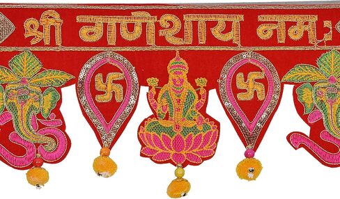 Diwali Special Laxmi Ganesh Toranam for Diwali Home Decoration Door Hanging Pooja Temple Bandhanwar Shub Labh Toran for Deepawali Velvet Embroidered Toran Multicolor (37 Inches x 5 Inches) in Kuwait