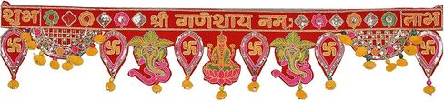 Diwali Special Laxmi Ganesh Toranam for Diwali Home Decoration Door Hanging Pooja Temple Bandhanwar Shub Labh Toran for Deepawali Velvet Embroidered Toran Multicolor (37 Inches x 5 Inches) in Kuwait