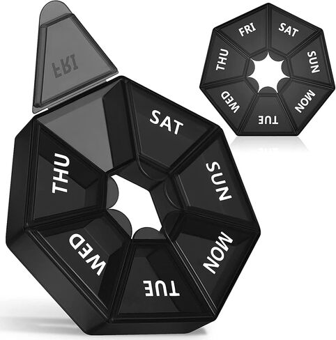 STS Home - منظم حبوب الدواء الأسبوعي، (عبوة من 2) علبة دواء محمولة لموزع حبوب الدواء (سبعة أيام) إصدار جديد للفيتامينات/زيت السمك/الحبوب/المكملات الغذائية - صديق لالتهاب المفاصل (أسود) in Kuwait