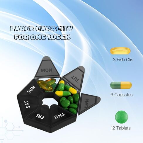 STS Home - منظم حبوب الدواء الأسبوعي، (عبوة من 2) علبة دواء محمولة لموزع حبوب الدواء (سبعة أيام) إصدار جديد للفيتامينات/زيت السمك/الحبوب/المكملات الغذائية - صديق لالتهاب المفاصل (أسود) in Kuwait