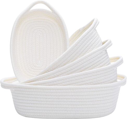 مجموعة سلة تخزين مستطيلة مكونة من 5 قطع من HNBQMX - سلال منسوجة من حبال القطن الطبيعي للتنظيم، سلة صغيرة مع مقابض للأرفف، سلال الألعاب، سلة للتخزين، صندوق تخزين الحمام (أبيض فاتح) in Kuwait