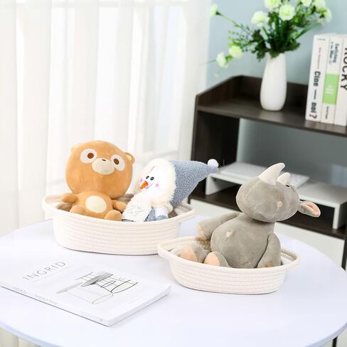 مجموعة سلة تخزين مستطيلة مكونة من 5 قطع من HNBQMX - سلال منسوجة من حبال القطن الطبيعي للتنظيم، سلة صغيرة مع مقابض للأرفف، سلال الألعاب، سلة للتخزين، صندوق تخزين الحمام (أبيض فاتح) in Kuwait