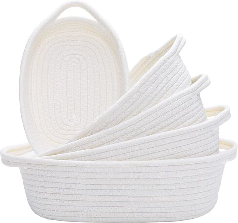 مجموعة سلة تخزين مستطيلة مكونة من 5 قطع من HNBQMX - سلال منسوجة من حبال القطن الطبيعي للتنظيم، سلة صغيرة مع مقابض للأرفف، سلال الألعاب، سلة للتخزين، صندوق تخزين الحمام (أبيض فاتح) in Kuwait