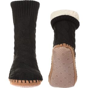 Slipper Socks for Women Grippers, Black Thick Lined Knit Slipper Sock With Sole Non Skid Bottom, Indoor House Fuzzy Slipper Sock for Hospital Floor, Christmas Slipper Socks for Family, Large Size 9-11